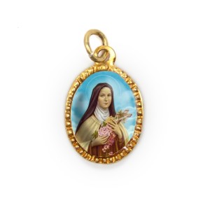 MD103116P10 - Medalha de Alumínio Oval Dourada c/ 10un. Santa Terezinha das Rosas - 2X1,3cm