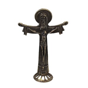 CU830048 - Crucifixo de Mesa Metal Ouro Velho Santíssima Trindade -11x7,5cm