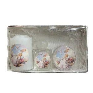 KT75695 - Kit Batismo Menina c/ Caixinha de Acrílico, Dezena, Vela e Garrafa de Água Benta - 10ml