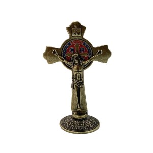 CU830027 - Crucifixo de Mesa São Bento Metal Ouro Velho - 11x7cm
