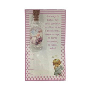 CT1460 - Cartão Lembrança c/ Garrafa Batismo Rosa - 10,5x6cm